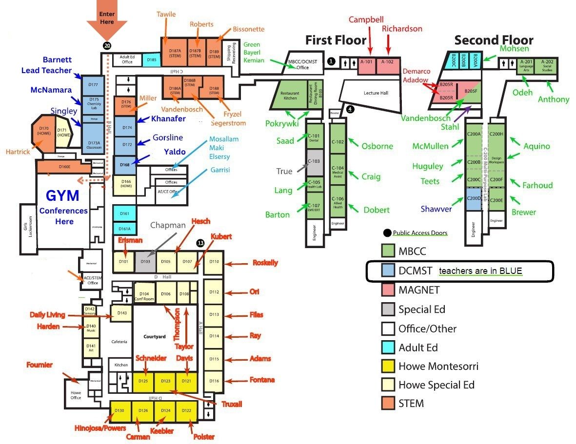 Colorful map of the Dearborn Heights Campus showing where the classrooms are and directing parents to the gym for Conferences.